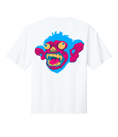 A white short-sleeve crewneck t-shirt featuring a large, vibrant graphic of a cartoon monkey face on the back. The graphic has bright blue hair, pink ears and mouth, yellow eyes, and a yellow-to-red gradient snout.