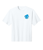 A white short-sleeve crewneck t-shirt featuring a small blue hand graphic printed on the left chest, displayed against a solid white background.