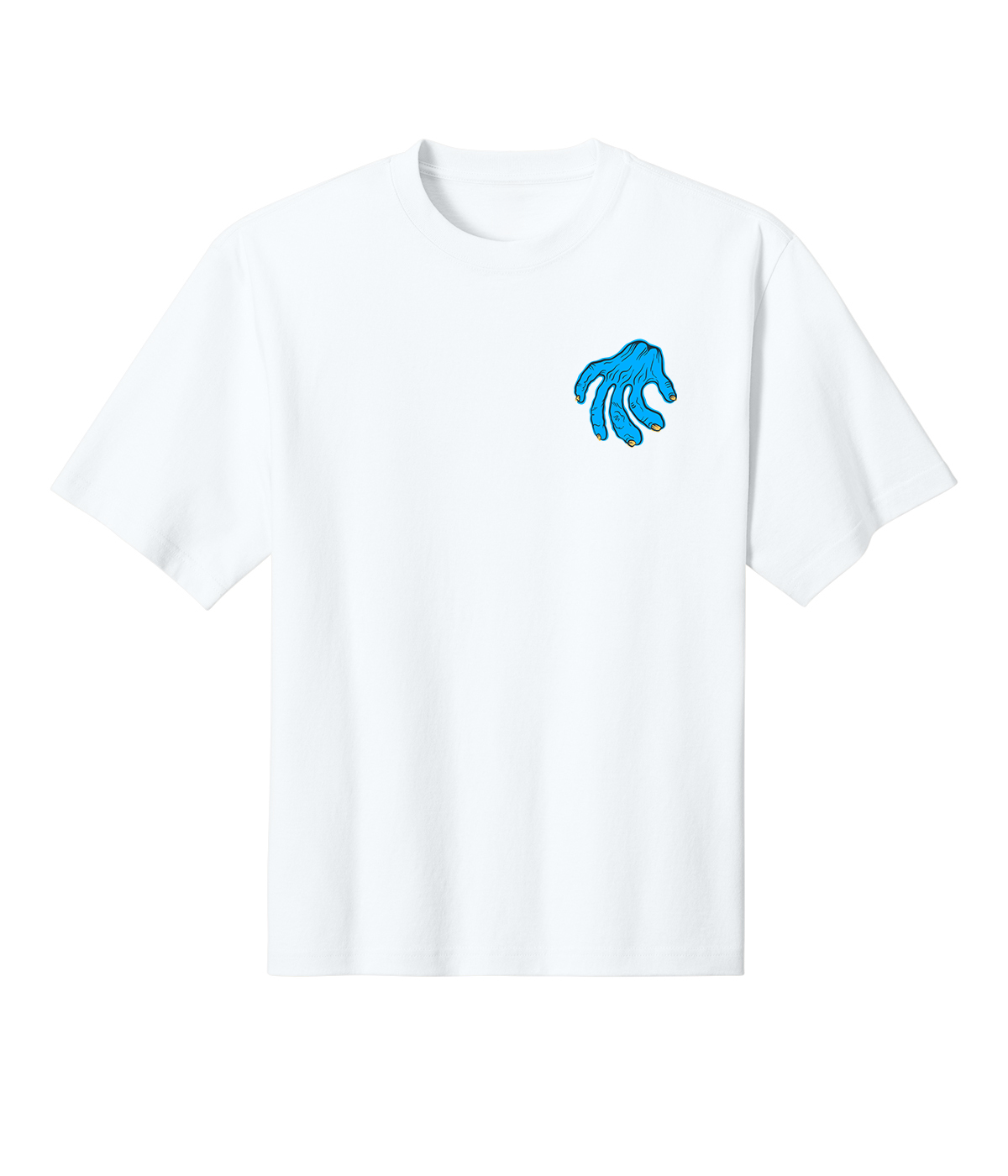 A white short-sleeve crewneck t-shirt featuring a small blue hand graphic printed on the left chest, displayed against a solid white background.